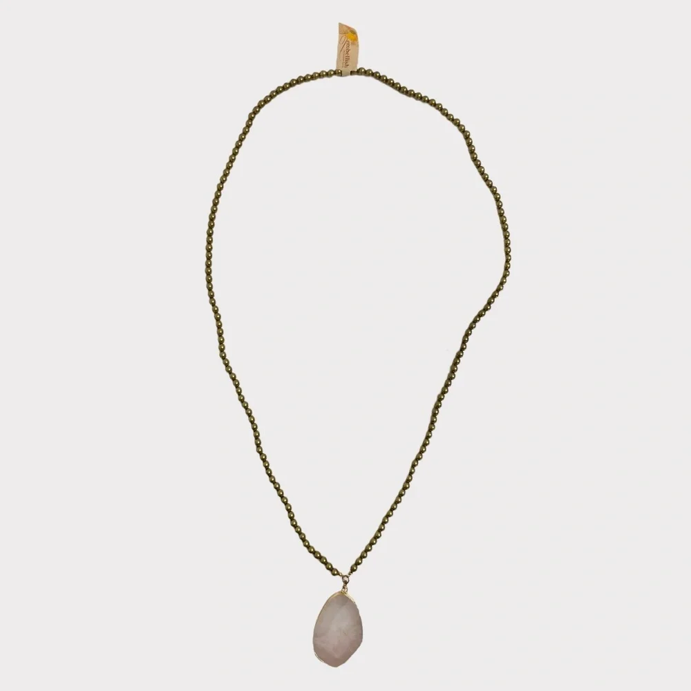 Pink Agate Slice Pendant Gold Rim Beaded‎ Necklace Creative Co-Op